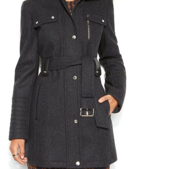 Laundry by Design Women's Medium Belted Wool Blend Coat w/ Faux Fur Hood Trim - Picture 15 of 15